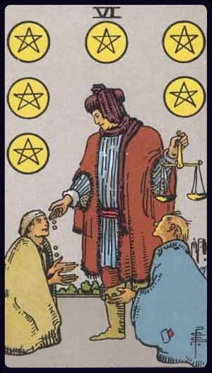 Six of Pentacles · Rider–Waite–Smith imagery