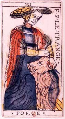 Jean Dodal’s Strength card, numbered XI, with a woman in a hat holding a lion’s mouth