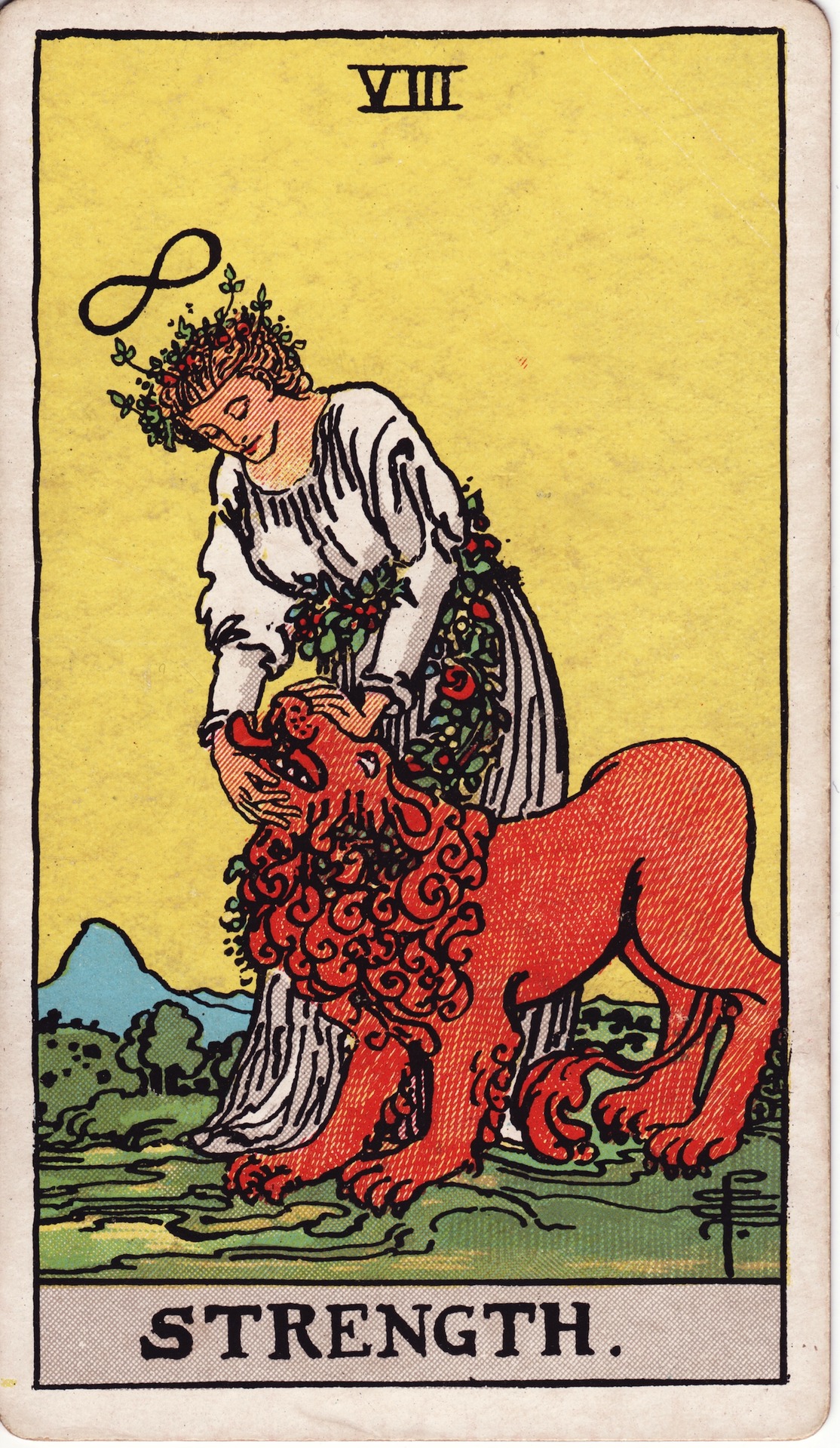 Pamela Colman Smith’s Strength card, numbered VIII, with a woman in white and a lion beneath an infinity symbol