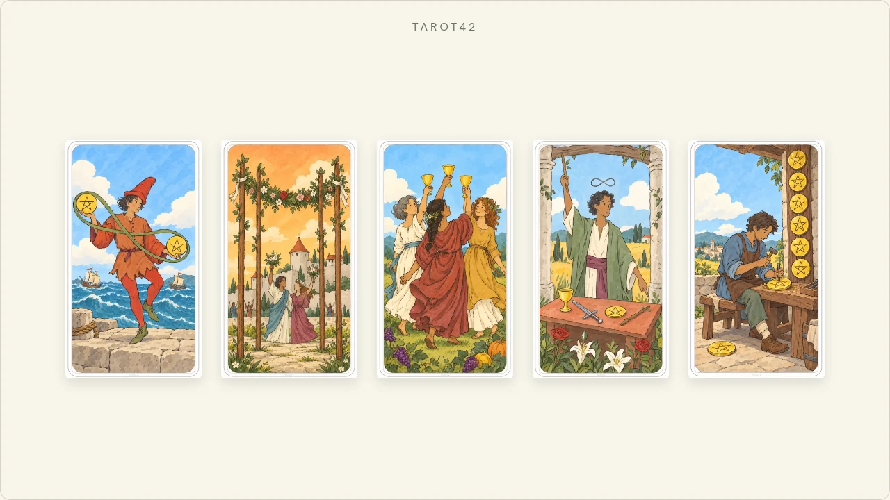 图书交换决策示例使用的五张 Tarot42 原创手绘牌。