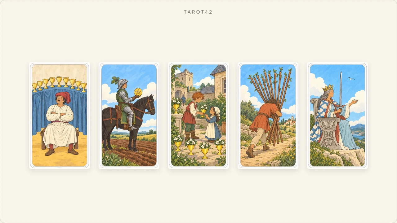 关系示例使用的五张 Tarot42 原创手绘牌,排列在暖纸色背景上。
