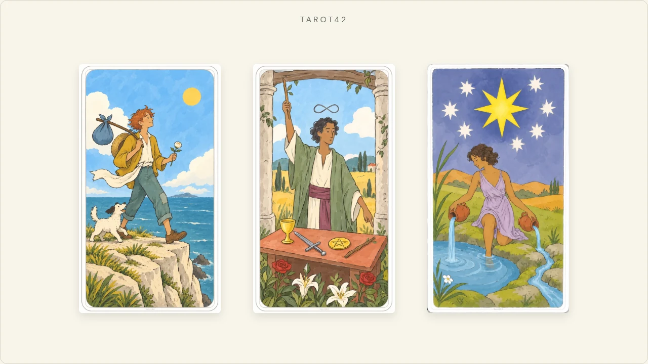 Tarot42 原创手绘的愚人、魔术师和星星牌,排列在暖纸色背景上。