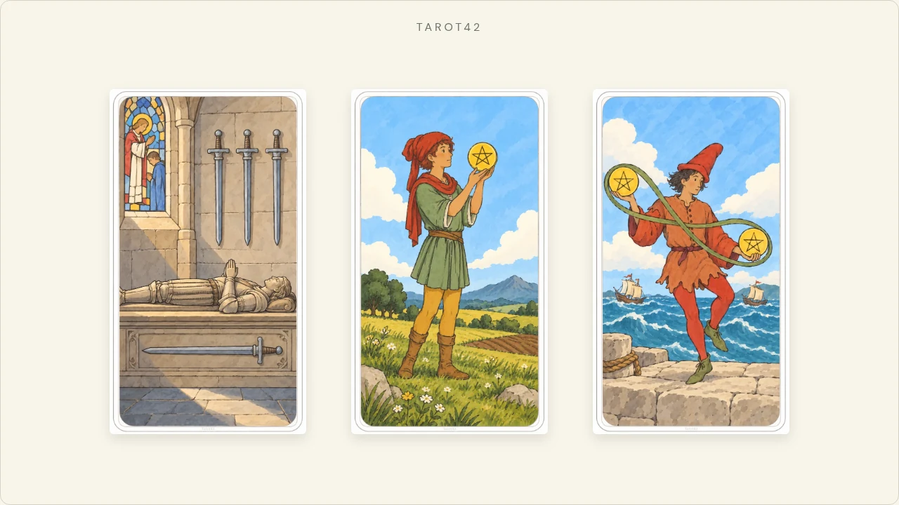 Quatro de Espadas, Pajem de Ouros e Dois de Ouros do baralho original, usados no exemplo de três cartas.