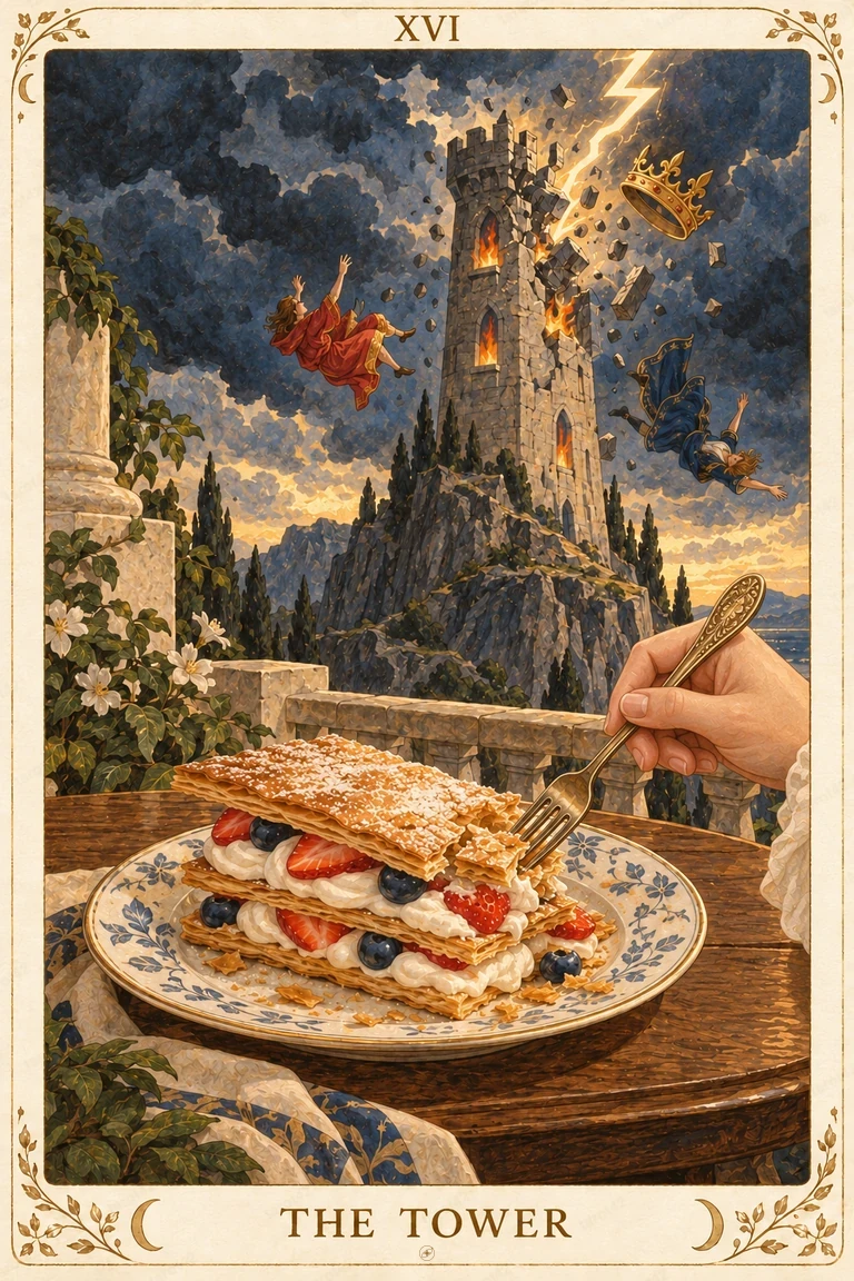 The Tower · Tarot42 Food Tarot illustration